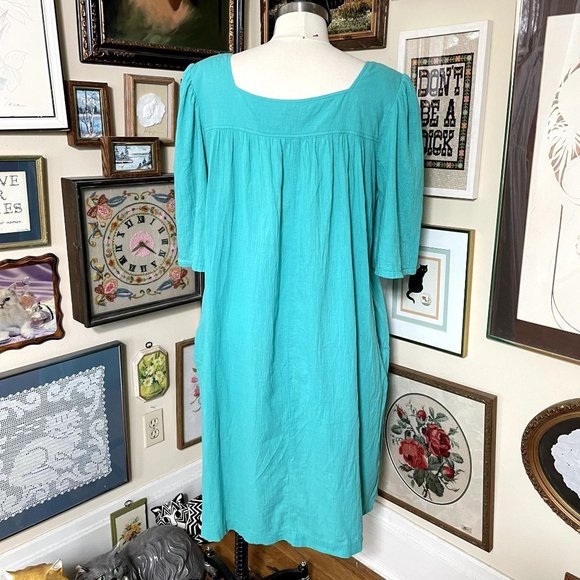 80s Vintage Plus Size Silhouettes Blue Green 100% Cotton Comfy Patio Dress 1X - Picture 5 of 7